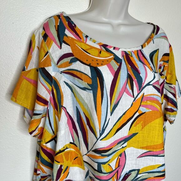 Tahari Linen Tropical Fruit Lemon Lime Top Short Sleeve Round Boat Neck Women 1X - Picture 2 of 10